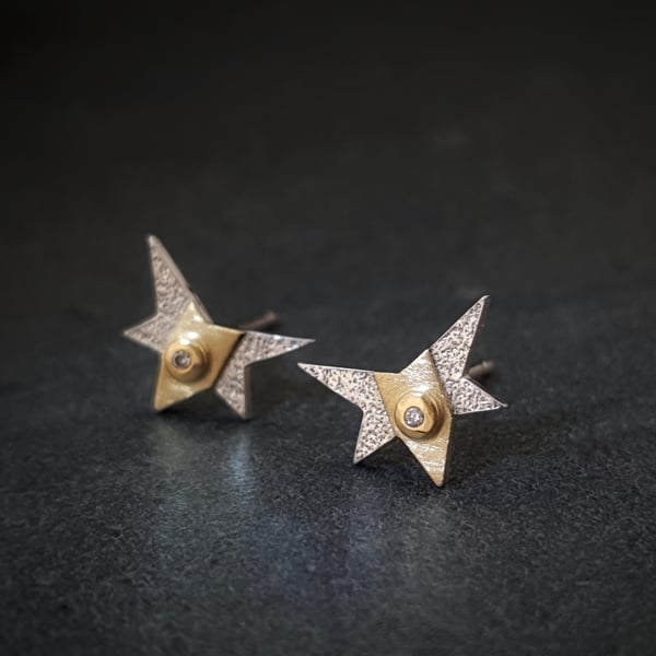 SALE Diamond Star stud earrings in 18 carat gold and sterling silver