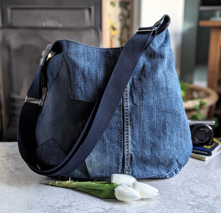Denim Bag - Navy Leather Star Motif Recycled Denim Hobo Cross Body Bag