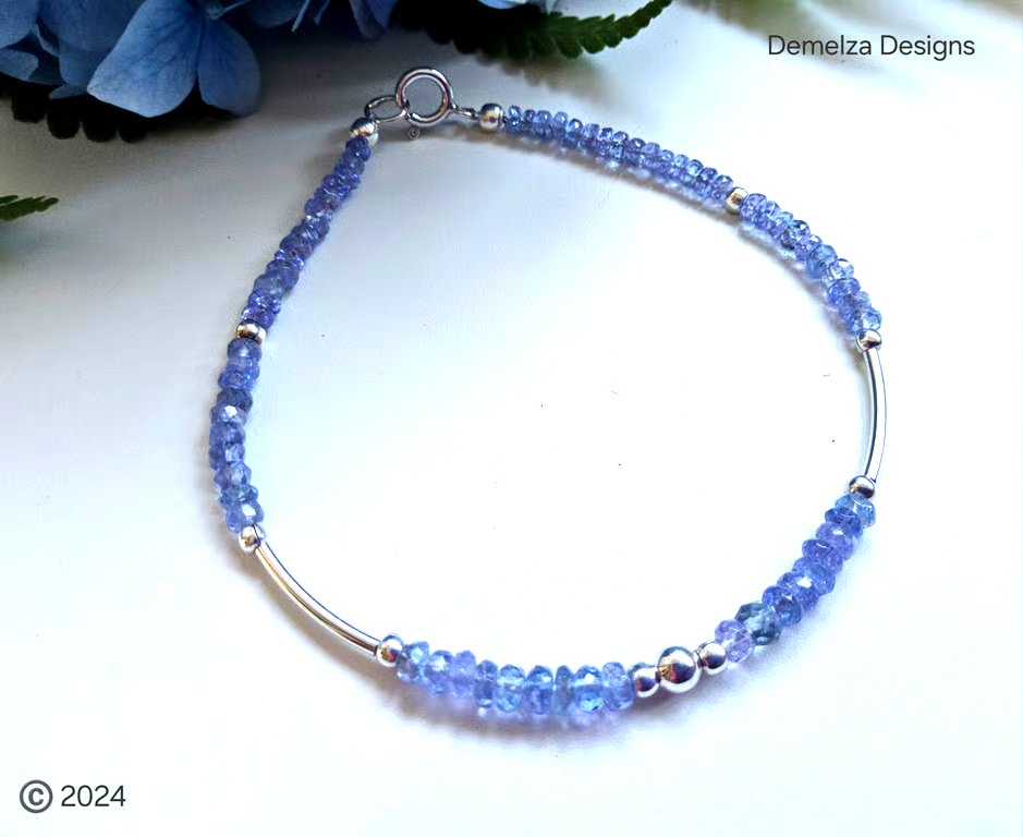 Dainty Tanzanite AA Grade Sterling Silver Noodle Style Bracelet