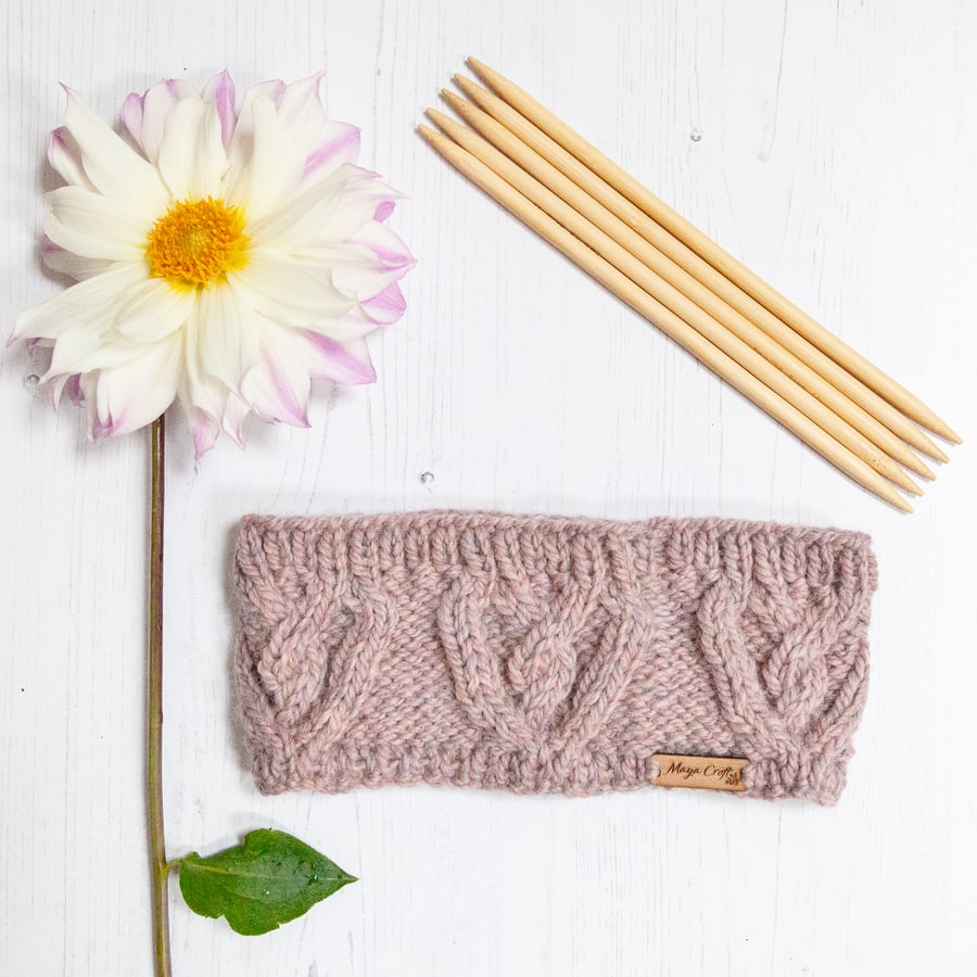 Alpaca cable headband, chunky hand knitted ear warmer in Rose Pink