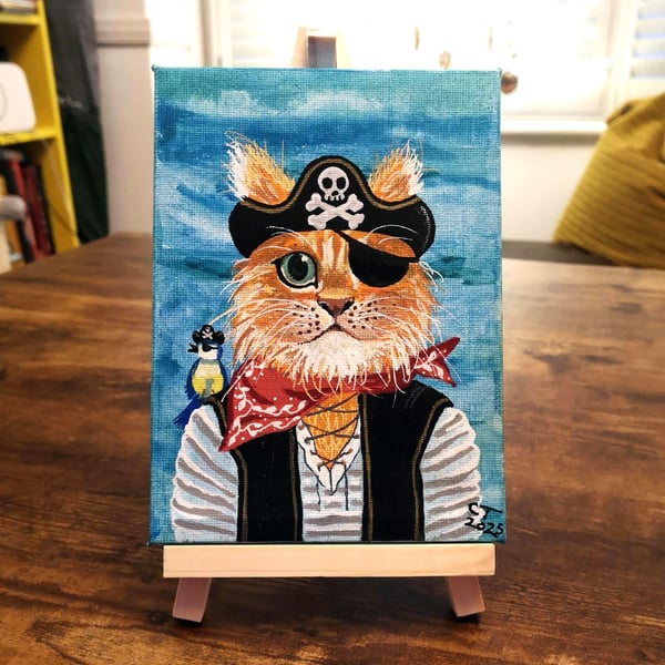 Pirate Cat canvas - one of a kind - with display easel.