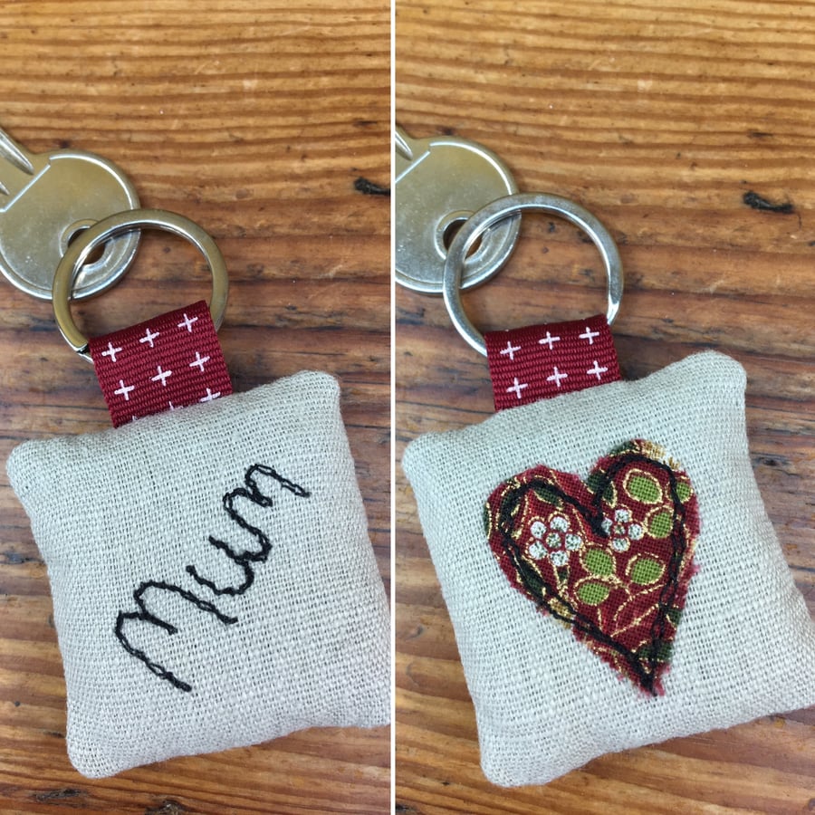 Love Mum keyring, Embroidered heart linen & lavender key ring, fabric key ring