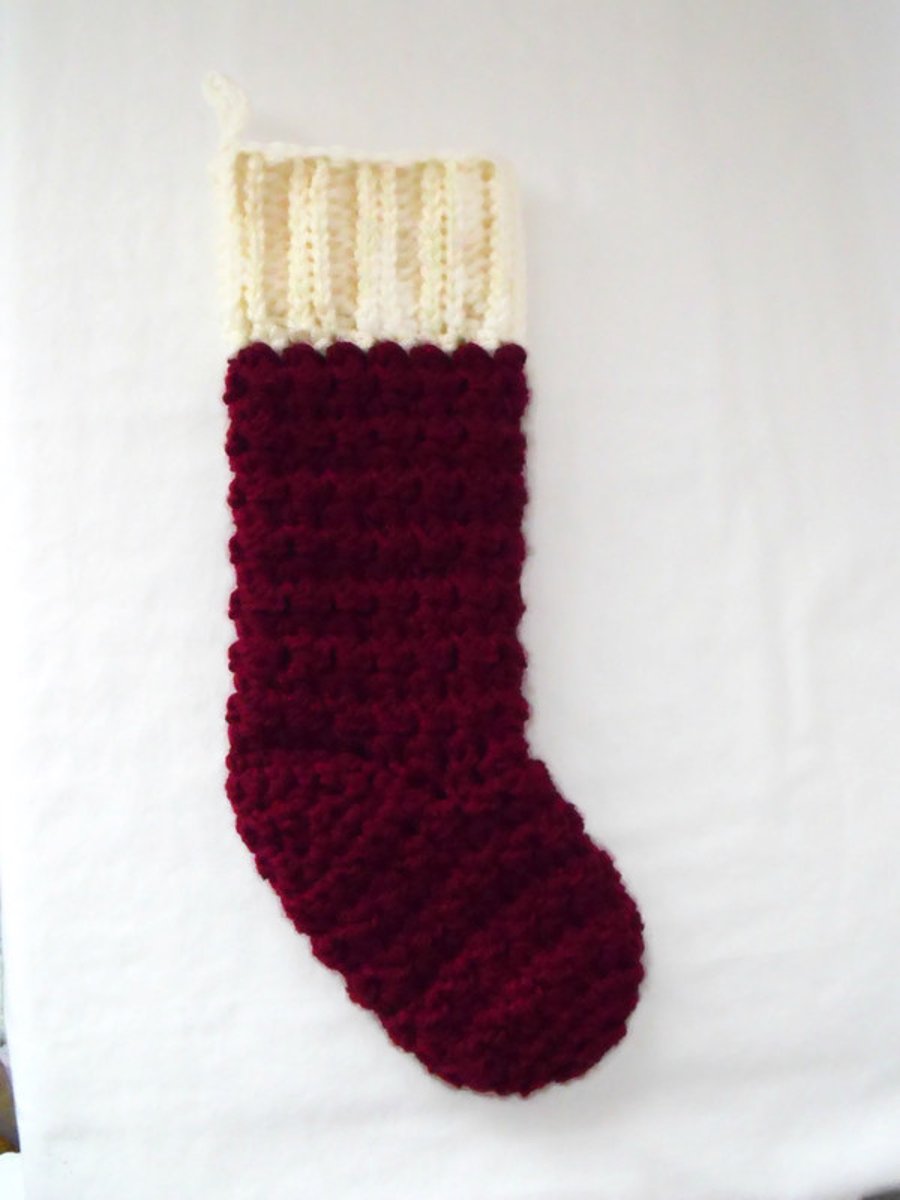 crocheted christmas stocking in burgundy and cream