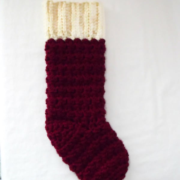 crocheted christmas stocking in burgundy and cream