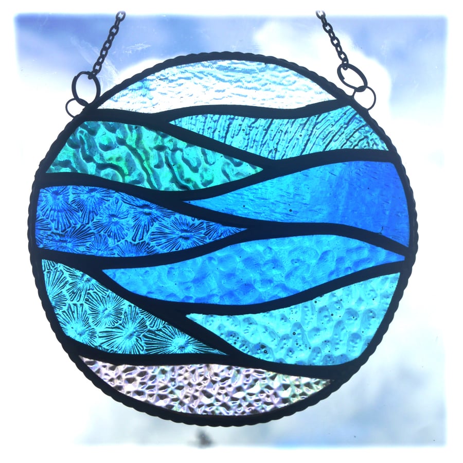 Making Waves Teal Stained Glass Suncatcher Handmade Ring Sea