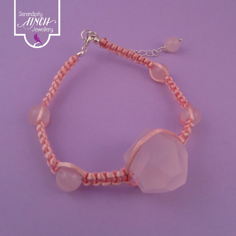 Pink Rose Quartz Macrame Bracelet with Satin Cord
