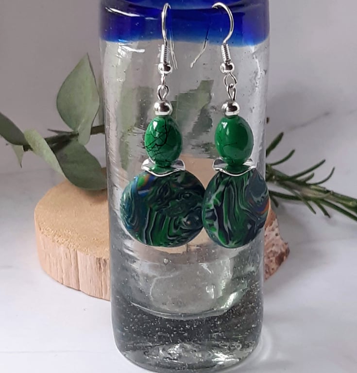 Green multi-coloured dangly earrings