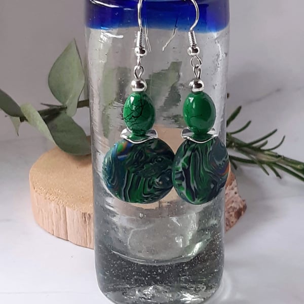 Green multi-coloured dangly earrings