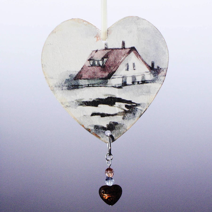 Wooden Heart Decoupage Hanging Ornament