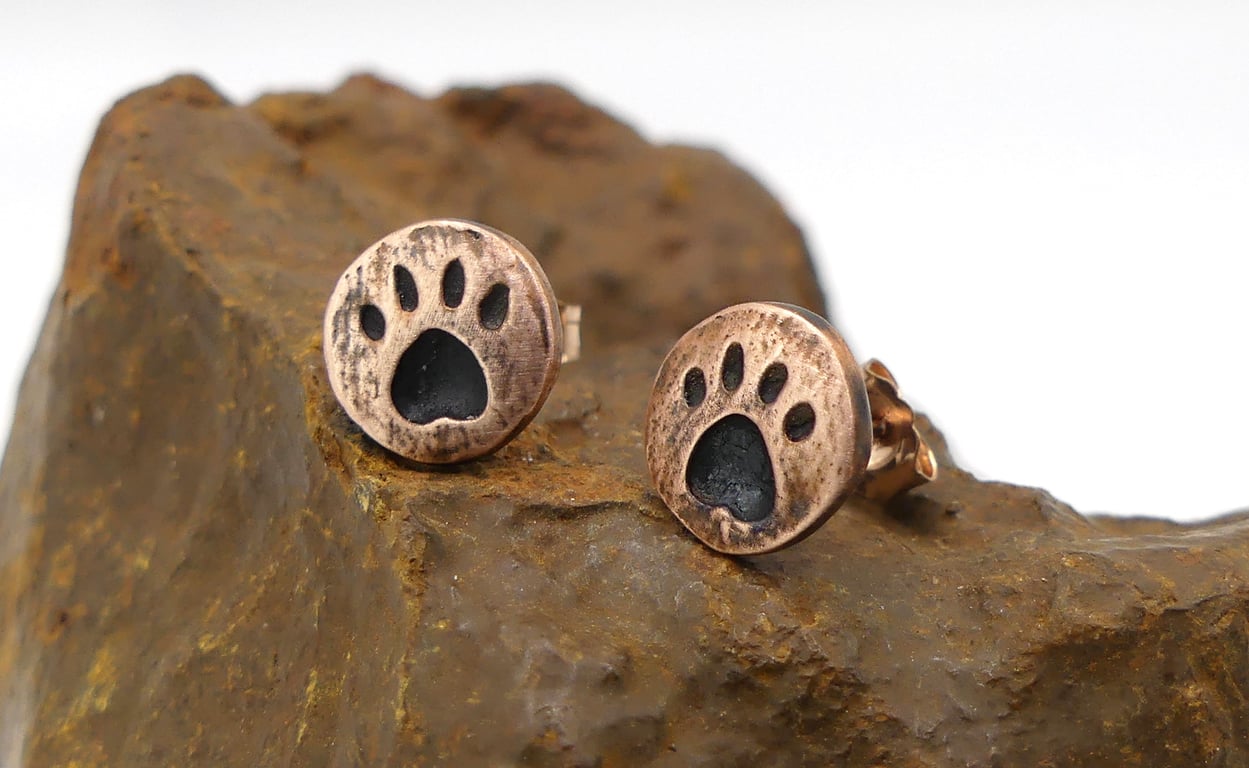Recycled Copper Paw Print Stud Earrings.