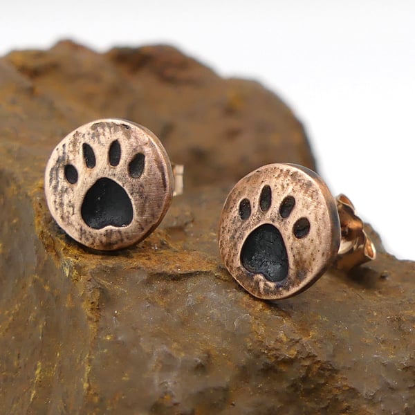 Recycled Copper Paw Print Stud Earrings.