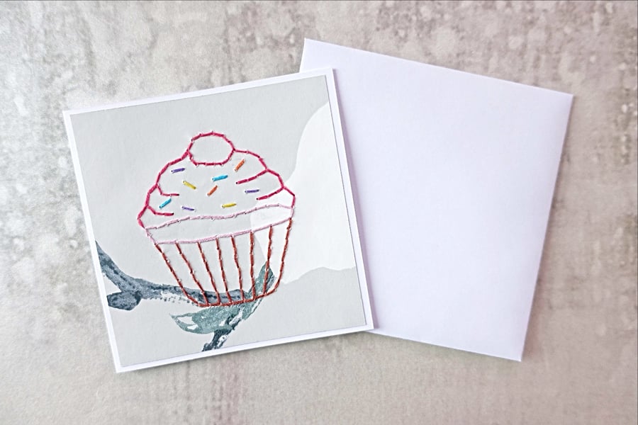 SALE Cupcake Hand Stitched Card, Cupcake Birthday Card