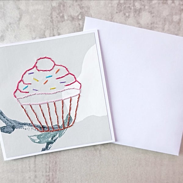 SALE Cupcake Hand Stitched Card, Cupcake Birthday Card