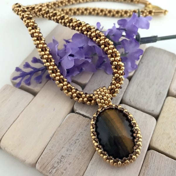 Tiger's Eye Bead Weave Pendant With Beaded Kumihimo Chain