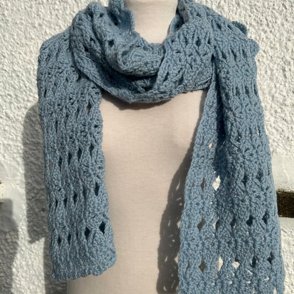 Handmade crochet lace light blue scarf