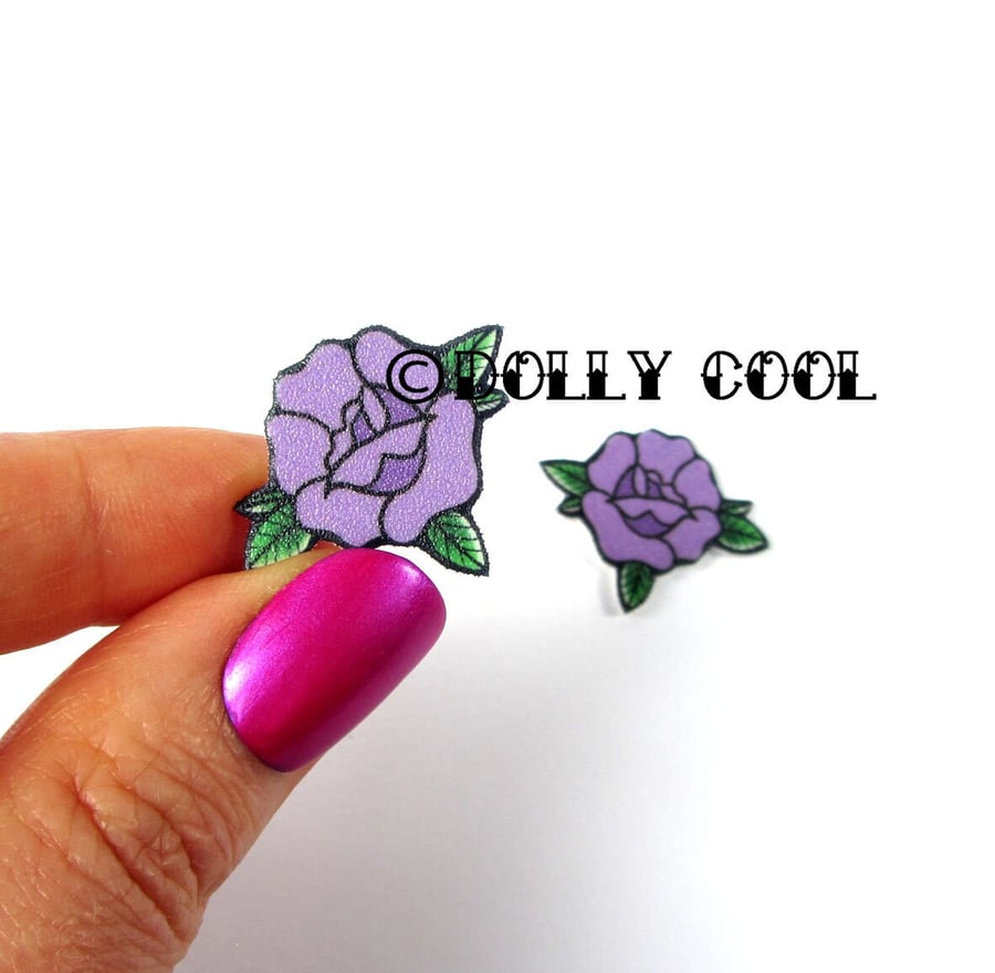 Rose Earrings in Purple - Rockabilly Tattoo Flash Old School Style by Dolly Cool