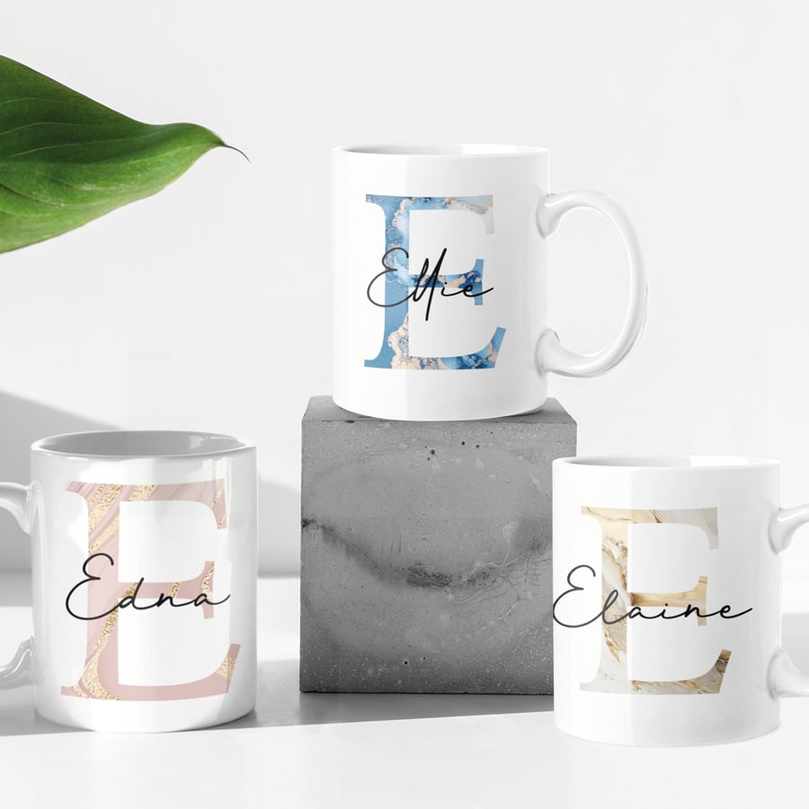 Personalised Initial Name Mug Marble Coffee Tea Mug Gift Great For Secret Santa
