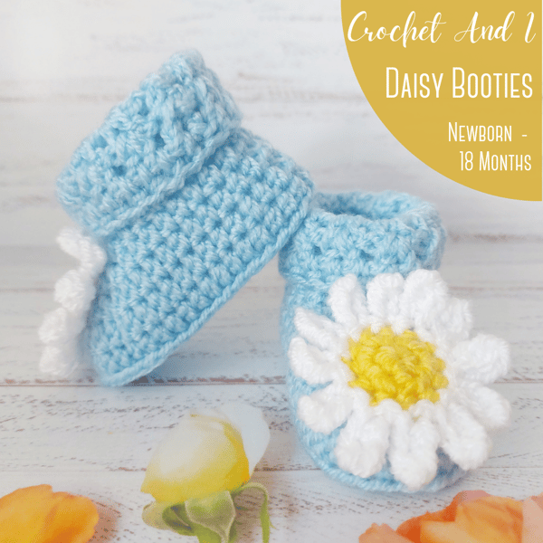Blue Baby Daisy Crochet Booties, Sizes Newborn To 18 Months