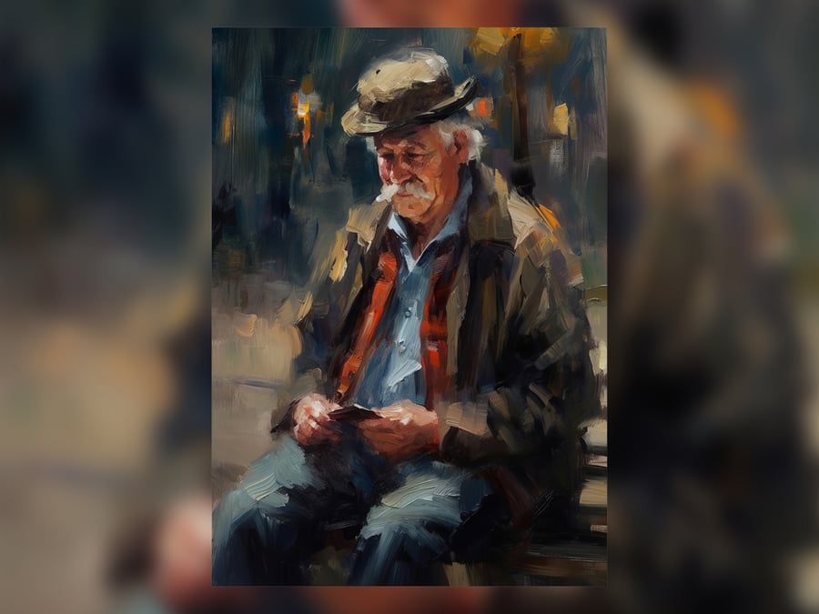Reflective Old Man Portrait Art Print 5x7 - Timeless Elegance Decor