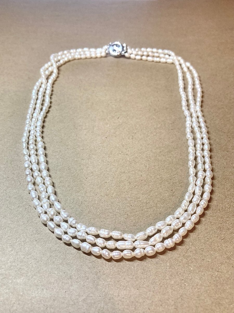 Triple Strand Freshwater Pearl Necklace - Upcycled - Bridal Jewelry - Bridesmaid