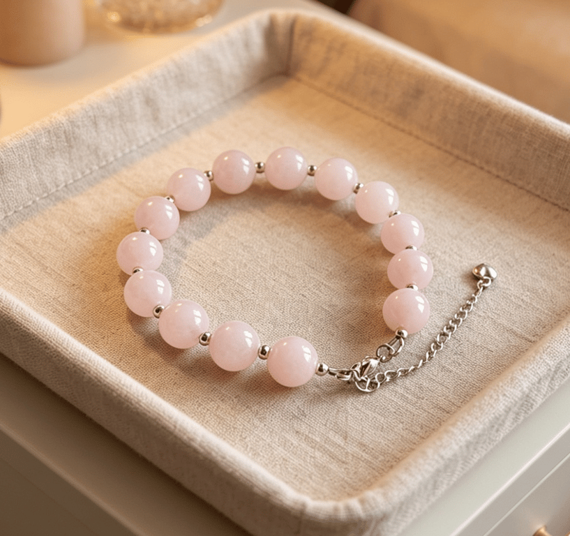Rose Quartz Beaded Bracelet, Rhodium Plated Stainless Steel, Adjustable Chain
