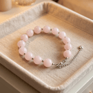 Rose Quartz Beaded Bracelet, Rhodium Plated Stainless Steel, Adjustable Chain