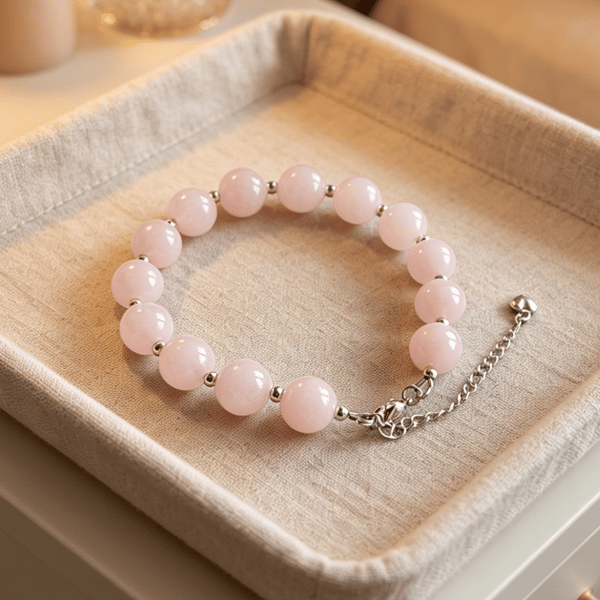 Rose Quartz Beaded Bracelet, Rhodium Plated Stainless Steel, Adjustable Chain