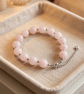 Rose Quartz Beaded Bracelet, Rhodium Plated Stainless Steel, Adjustable Chain