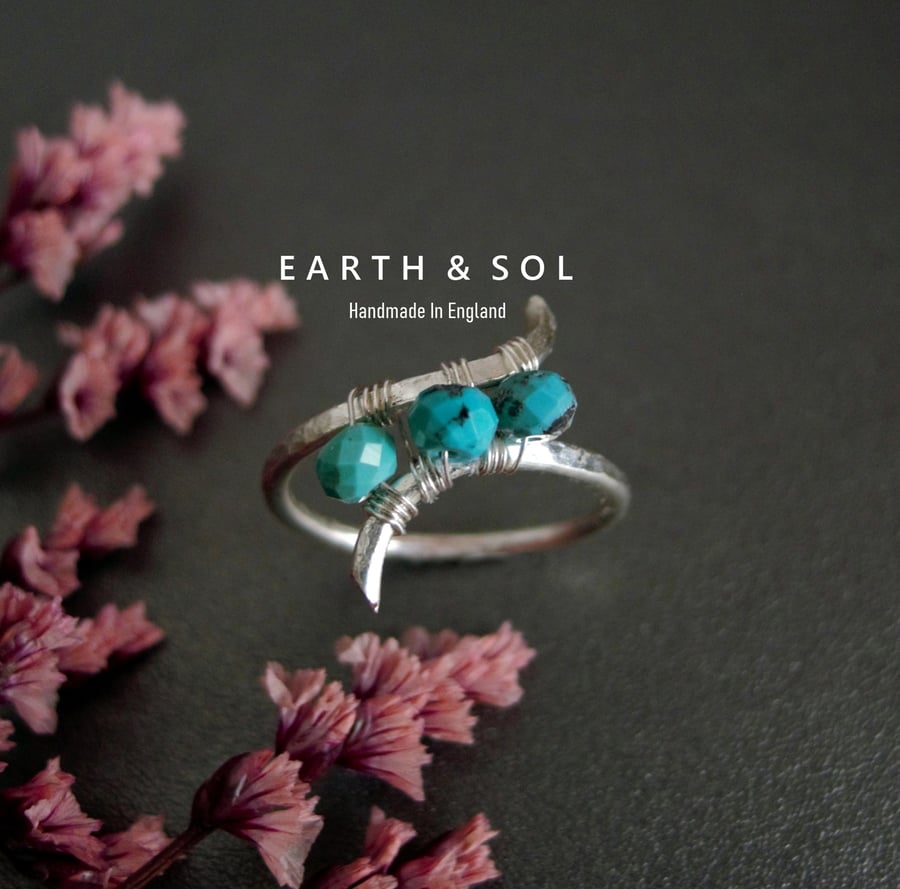 Sterling Silver Hammered Finish Ring With Wire Wrap Natural Turquoise Beads