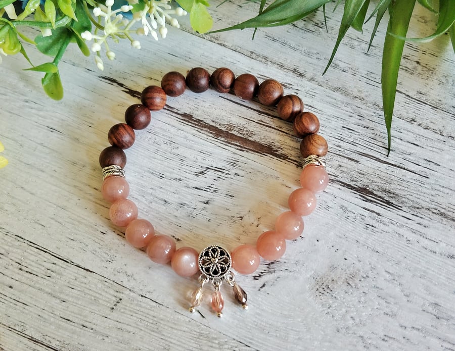Sunstone and Pear Wood Dreamcatcher Bracelet