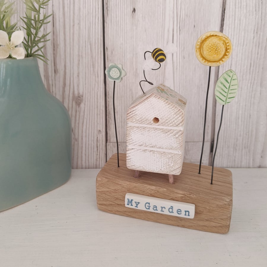 Wooden Beehive With Clay Flower Garden and Bee 'My Garden'