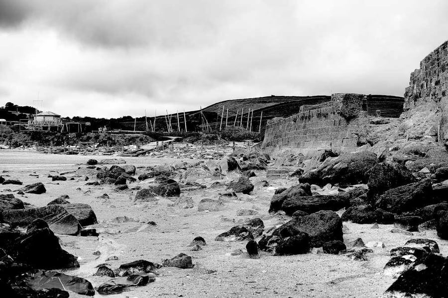 Print Pentewan Beach Old Harbour Remains Black and White Picture