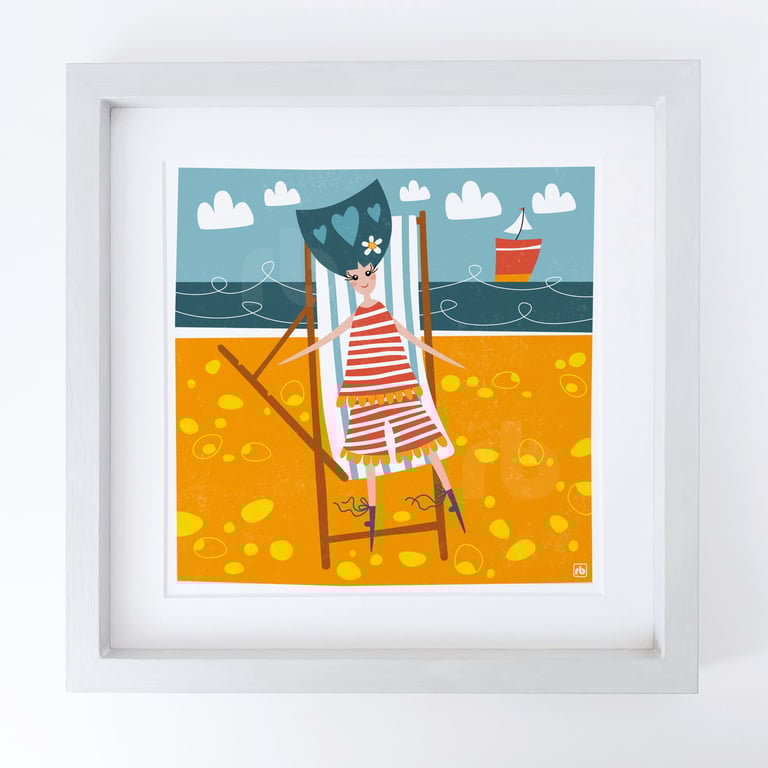 Chilling On The Beach, lady in swimming costume on deckchair, Giclee print