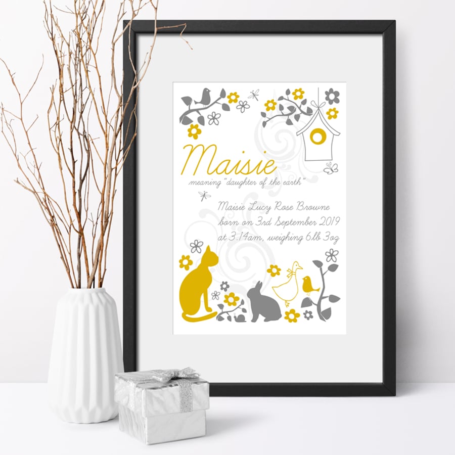 Personalised Folk Style Meaning of Name Print, christening gift for new baby