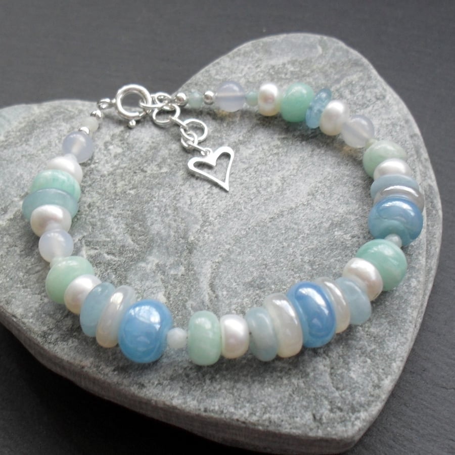  Multi Gemstone Aqua Tone Sterling Silver Bracelet