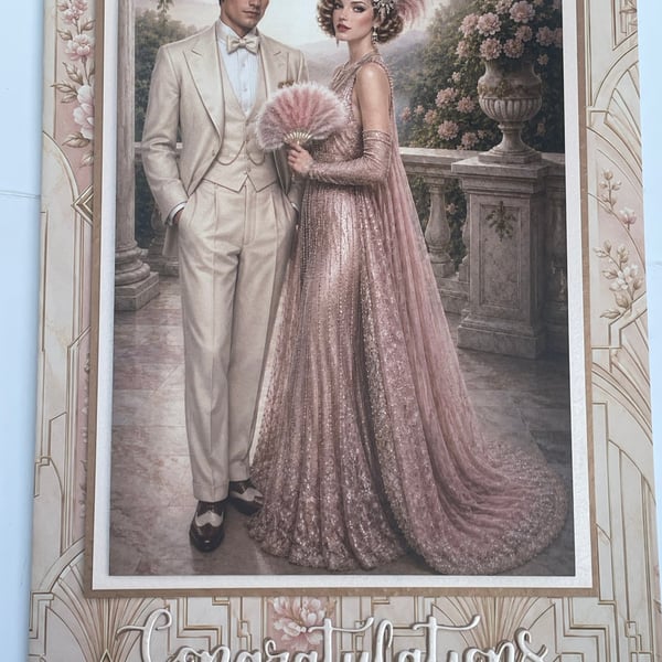 Beautiful and elegant Art Deco couple congratulations wedding card