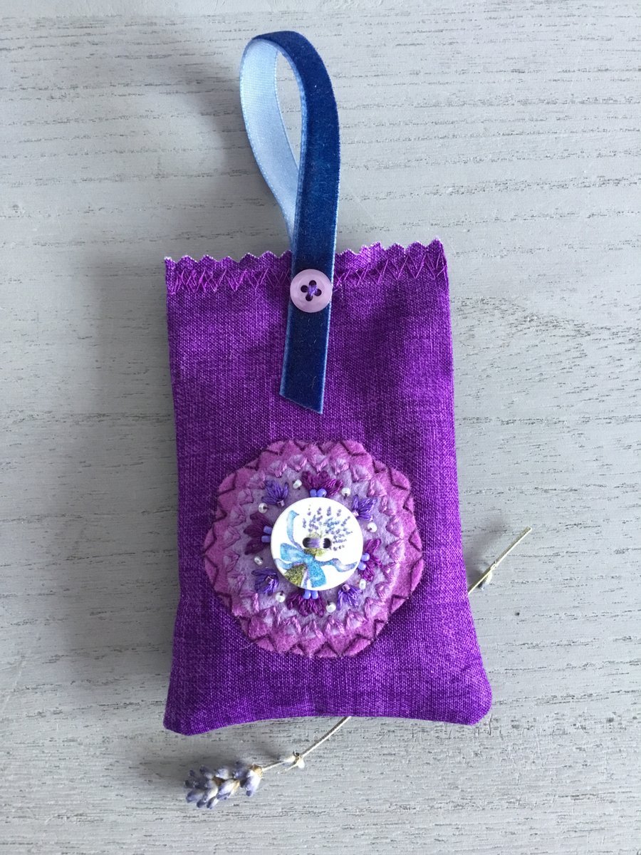 Hand Embroidered Lavender Button Lavender Bag