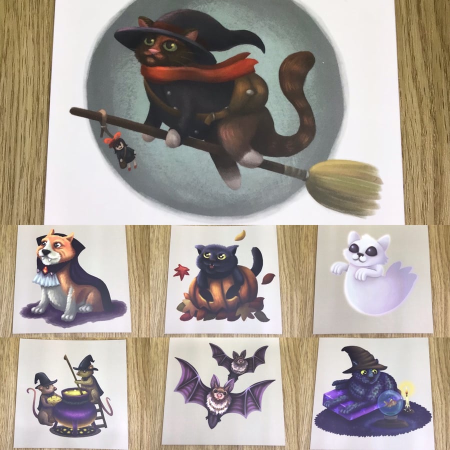 Set of 7 Halloween Square Post Card Prints