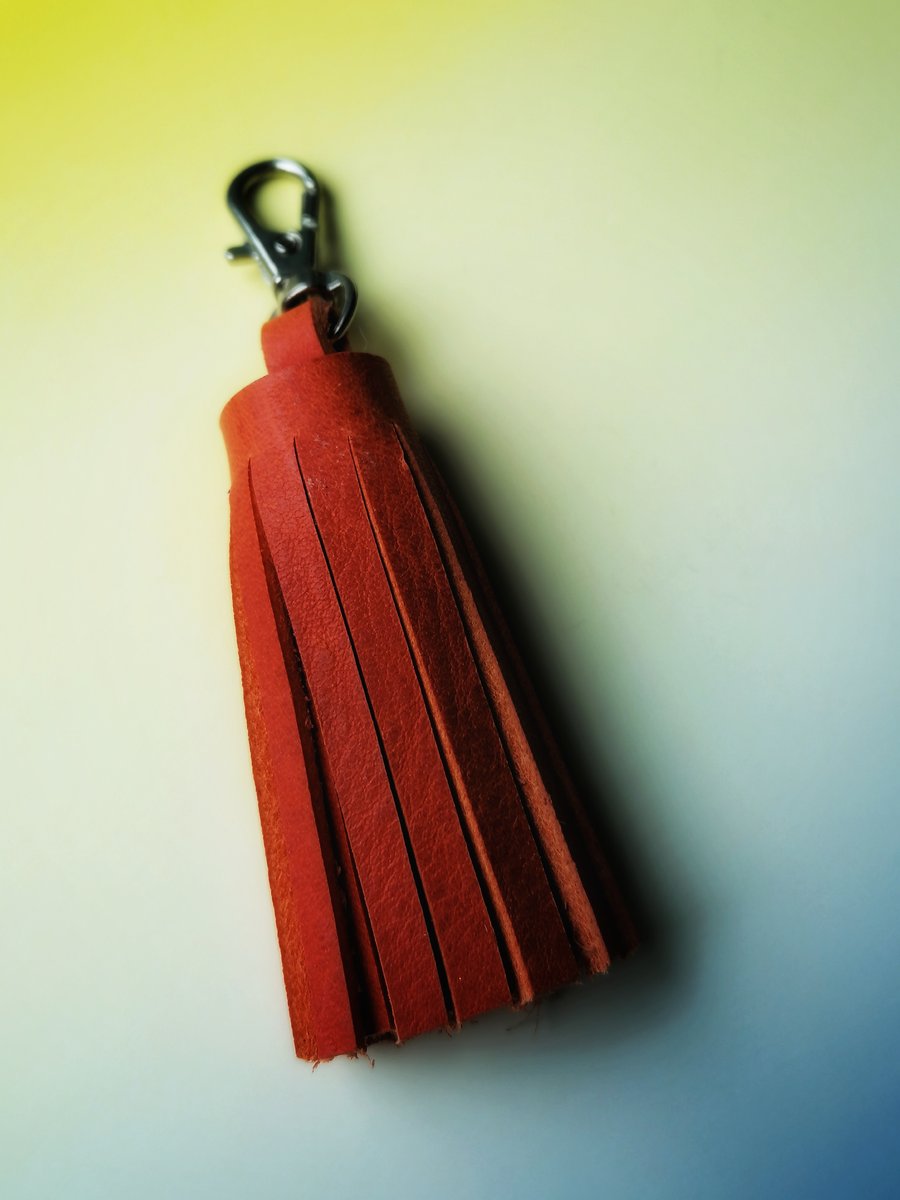 Handmade Leather Tassel Keyring - Orange