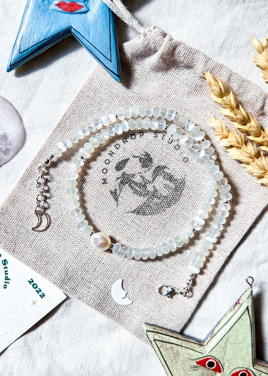 White Moonstone & Freshwater Pearl Necklace - Sterling Silver - June Birthstone 