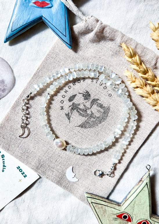 White Moonstone & Freshwater Pearl Necklace - Sterling Silver - June Birthstone 