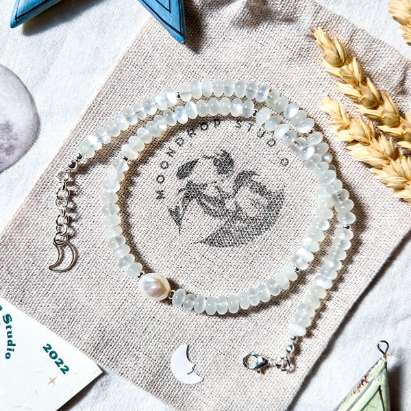 White Moonstone & Freshwater Pearl Necklace - Sterling Silver - June Birthstone 
