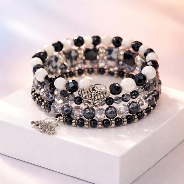 Black White Beaded Stack Bracelet Butterfly Elephant Charms