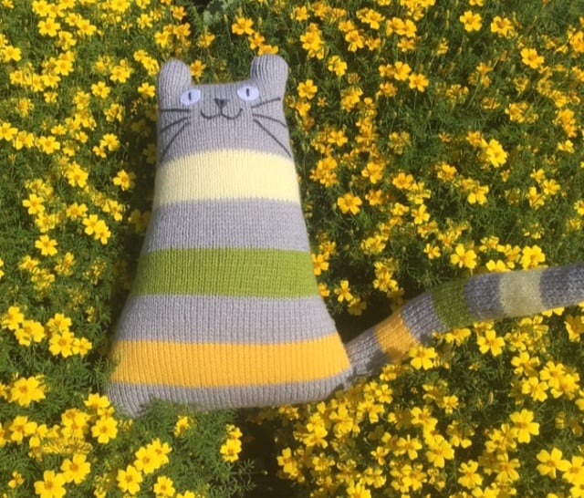 Grey, yellow and green acrylic yarn cat doll - Hand knitted cat gift 