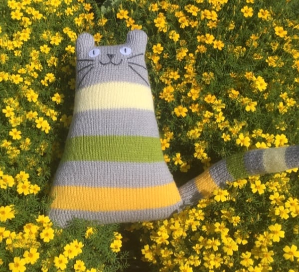Grey, yellow and green acrylic yarn cat doll - Hand knitted cat gift 