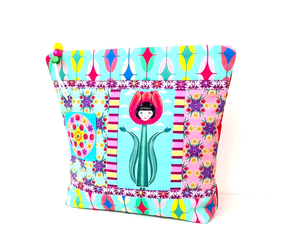 Handmade Patchwork Zipper Pouch, Tulip Girl Project Bag