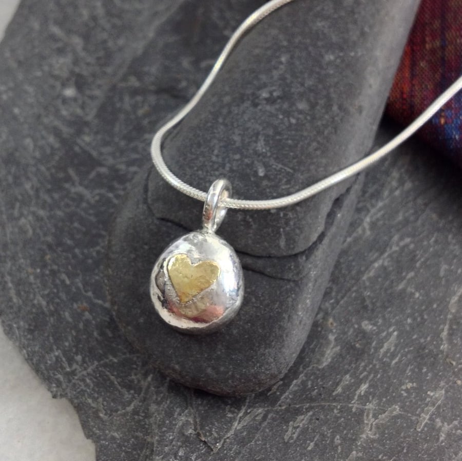 Silver and gold heart pebble pendant and chain