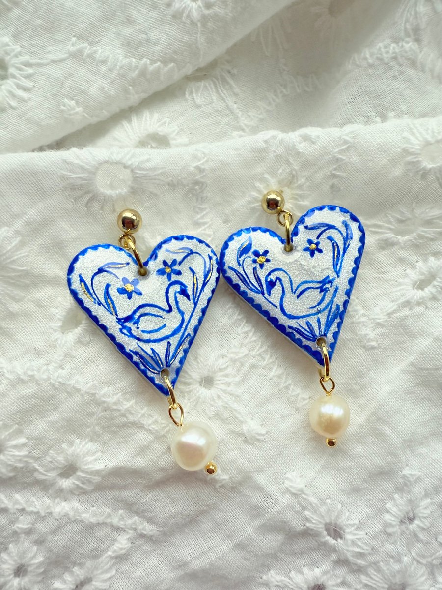 Blue and White Swan Shimmer Heart Earrings Pearl Drop - FREE SHIPPING