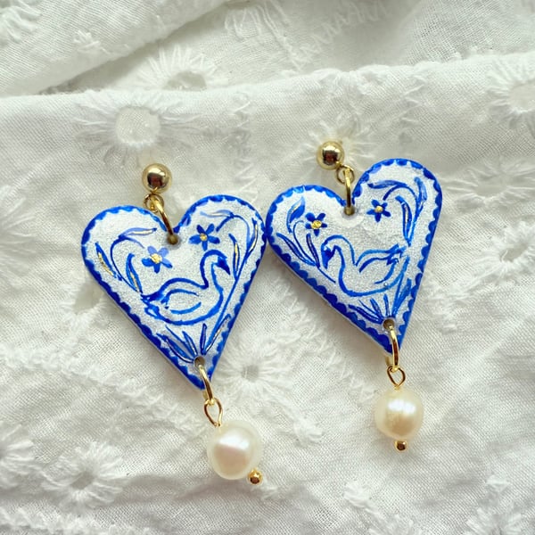 Blue and White Swan Shimmer Heart Earrings Pearl Drop - FREE SHIPPING