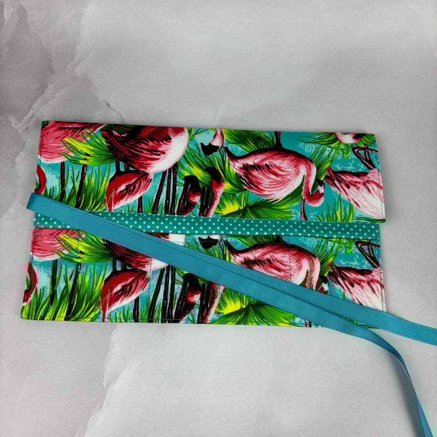 Flamingos fabric brush roll, Birds pencil wrap, Tool roll, Handmade